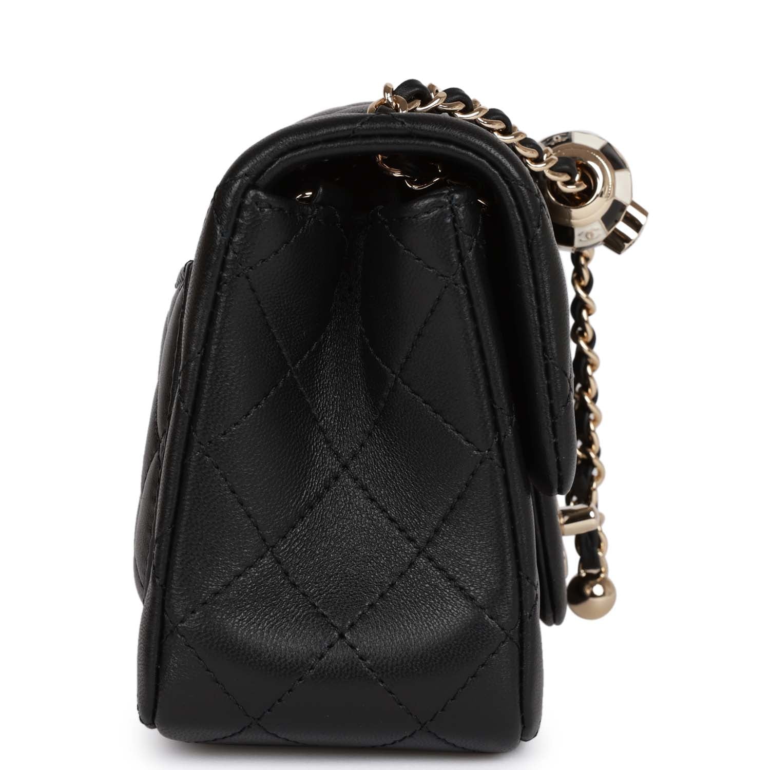 Pearl Crush Mini Square Flap Bag Black Lambskin Light Gold Hardware