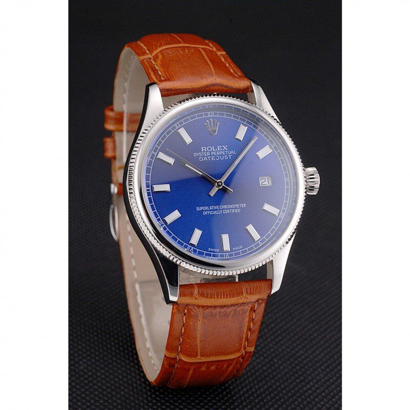 Rolex Datejust Blue Dial Stainless Steel Case Light Brown Leather Strap