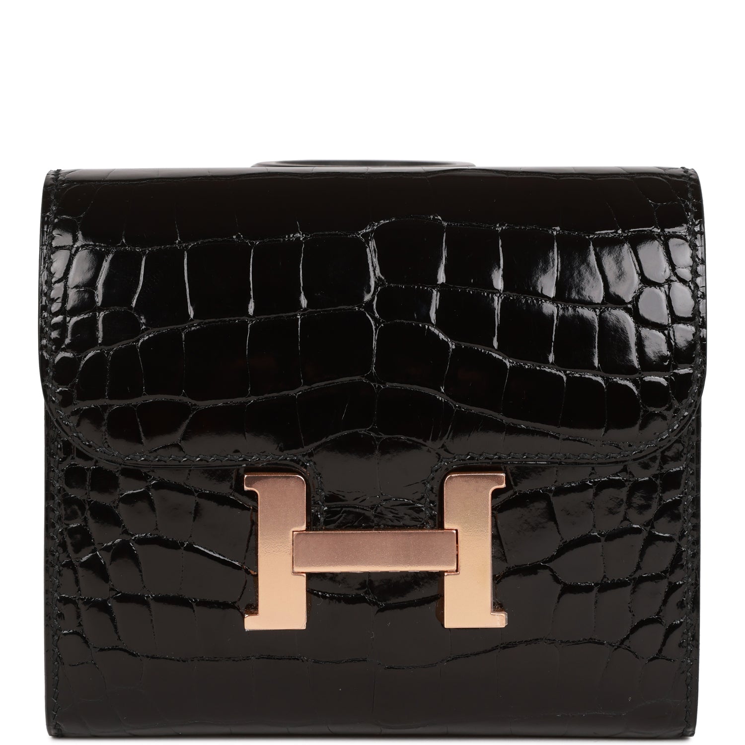 Hermès Constance Compact Wallet Black Shiny Alligator Rose Gold Hardware