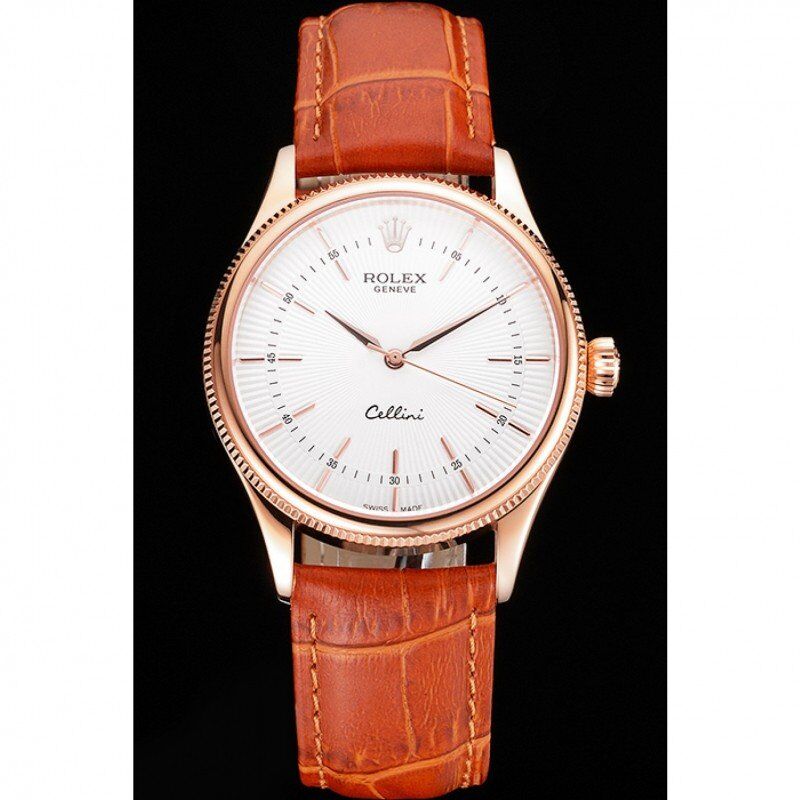 Swiss Rolex Cellini White Dial Rose Gold Case Brown Leather Strap