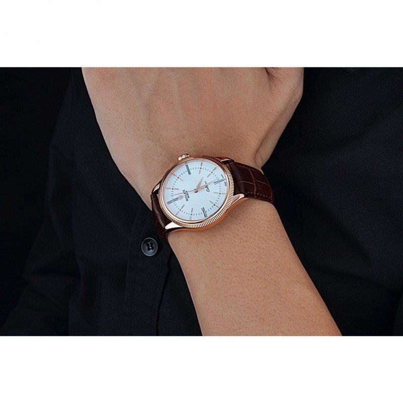 Swiss Rolex Cellini Time Gold Case White Dial Brown Leather Bracelet 622655