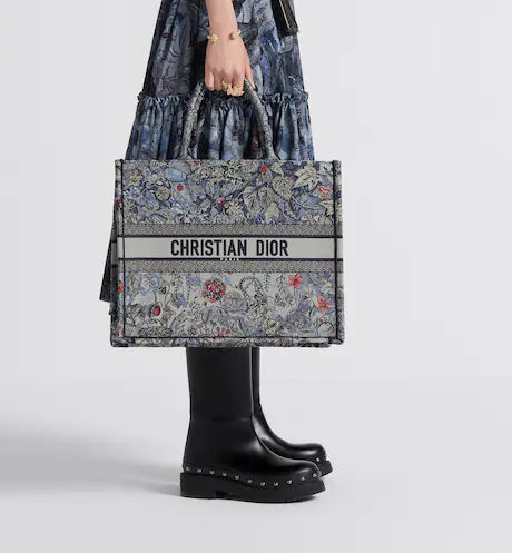 LARGE DIOR BOOK TOTE Denim Multicolor Dior Jardin Magique Embroidery (42 x 35 x 18.5 cm)