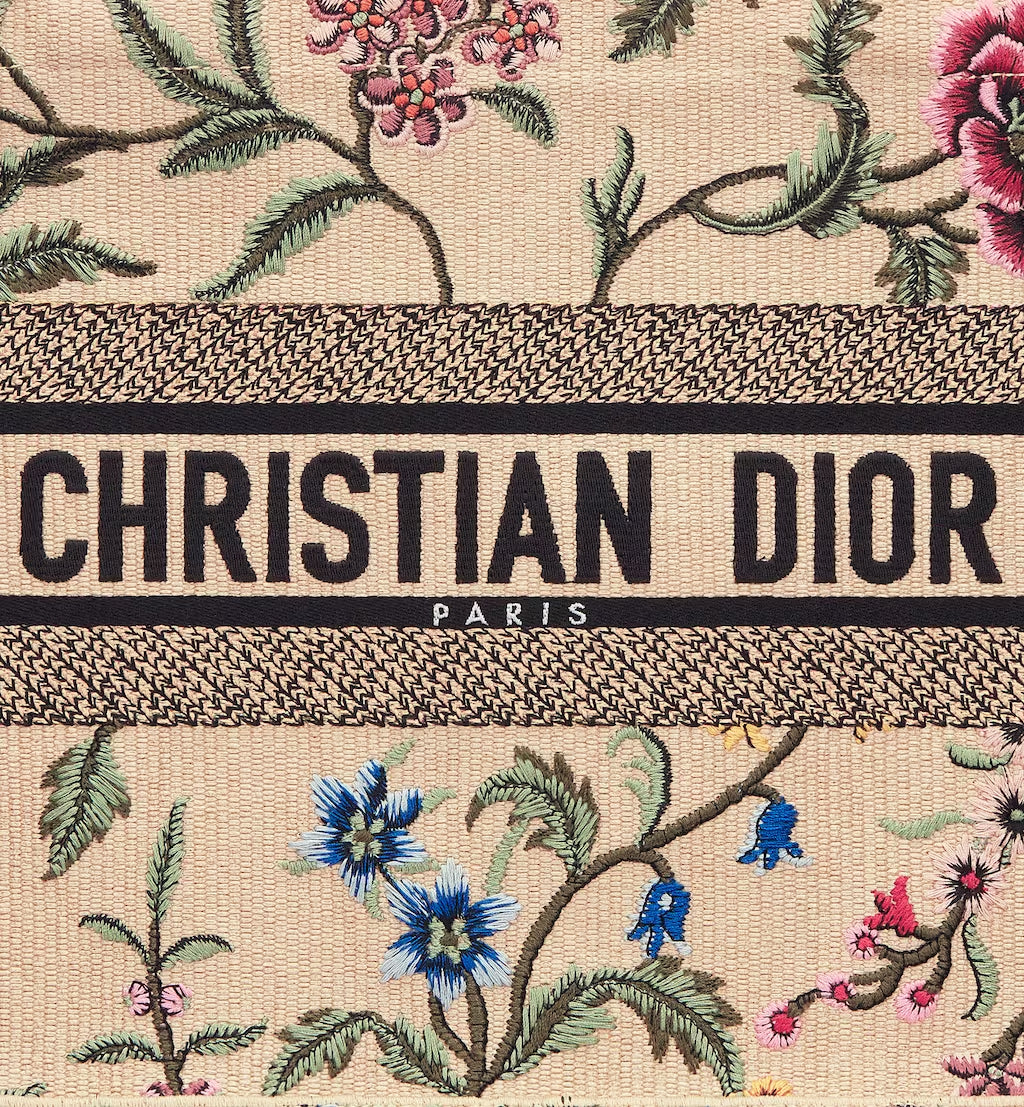 MEDIUM DIOR BOOK TOTE Natural Multicolor Raffia Embroidered with Dior Petites Fleurs (36 x 27.5 x 16.5 cm)