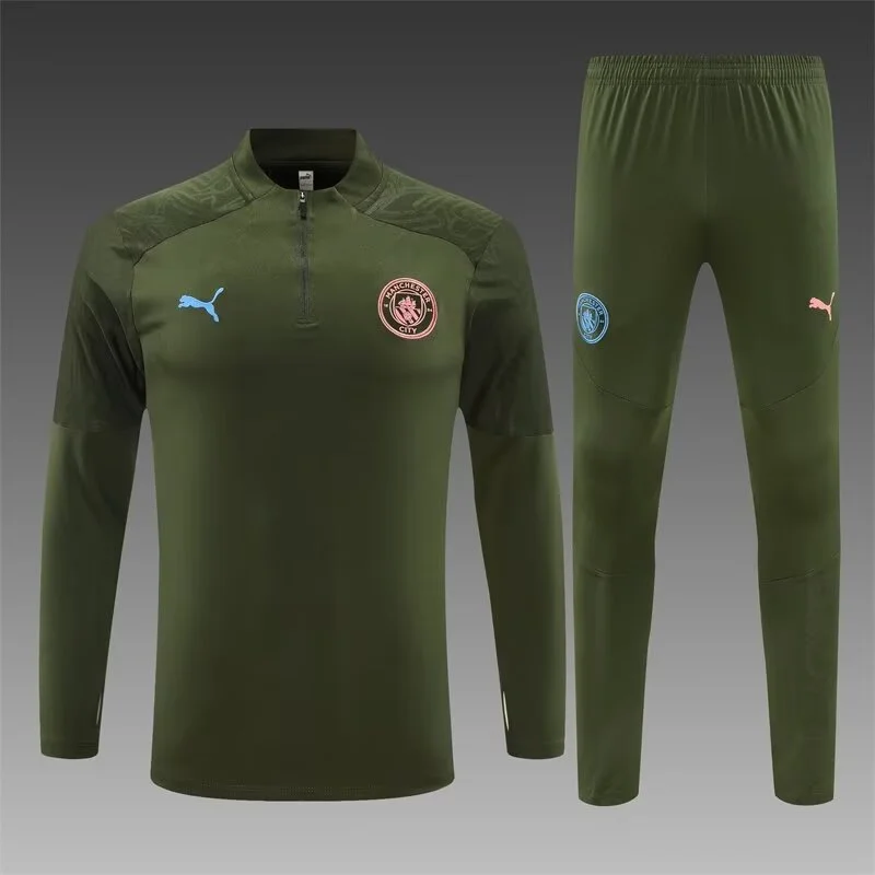 2024/2025 Manchester City Half-Pull Training Wear Army Green Football Shirt Kids Size