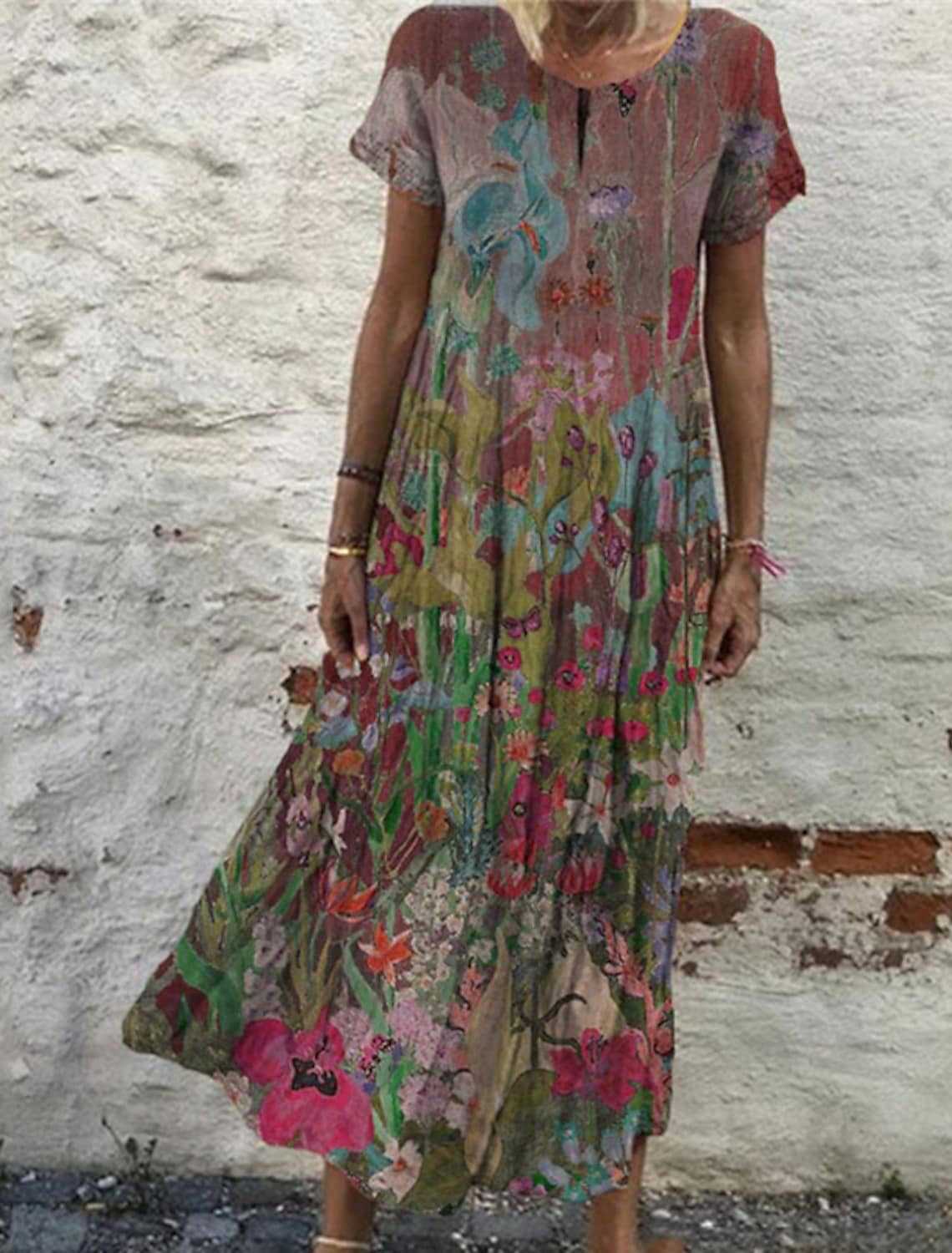 Printed Short Sleeve round Neck Long Dress