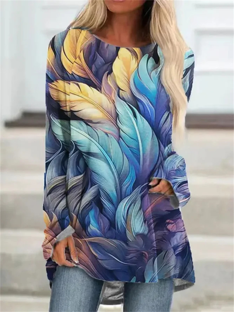 Floral Printed Loose Long Sleeves round Neck T-shirt