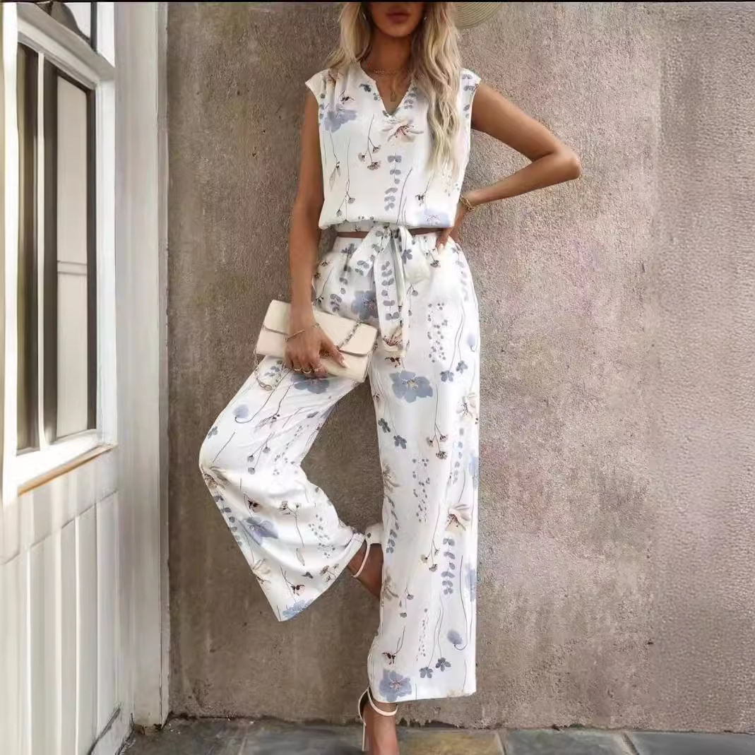 Sleeveless V-neck Vest Pants Fashion Printed Two-Piece Suit