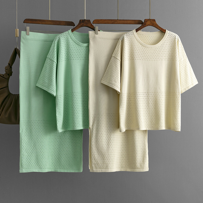 Hollow Short-sleeved Knitted Top Skirt Solid Color Casual Two-piece Set