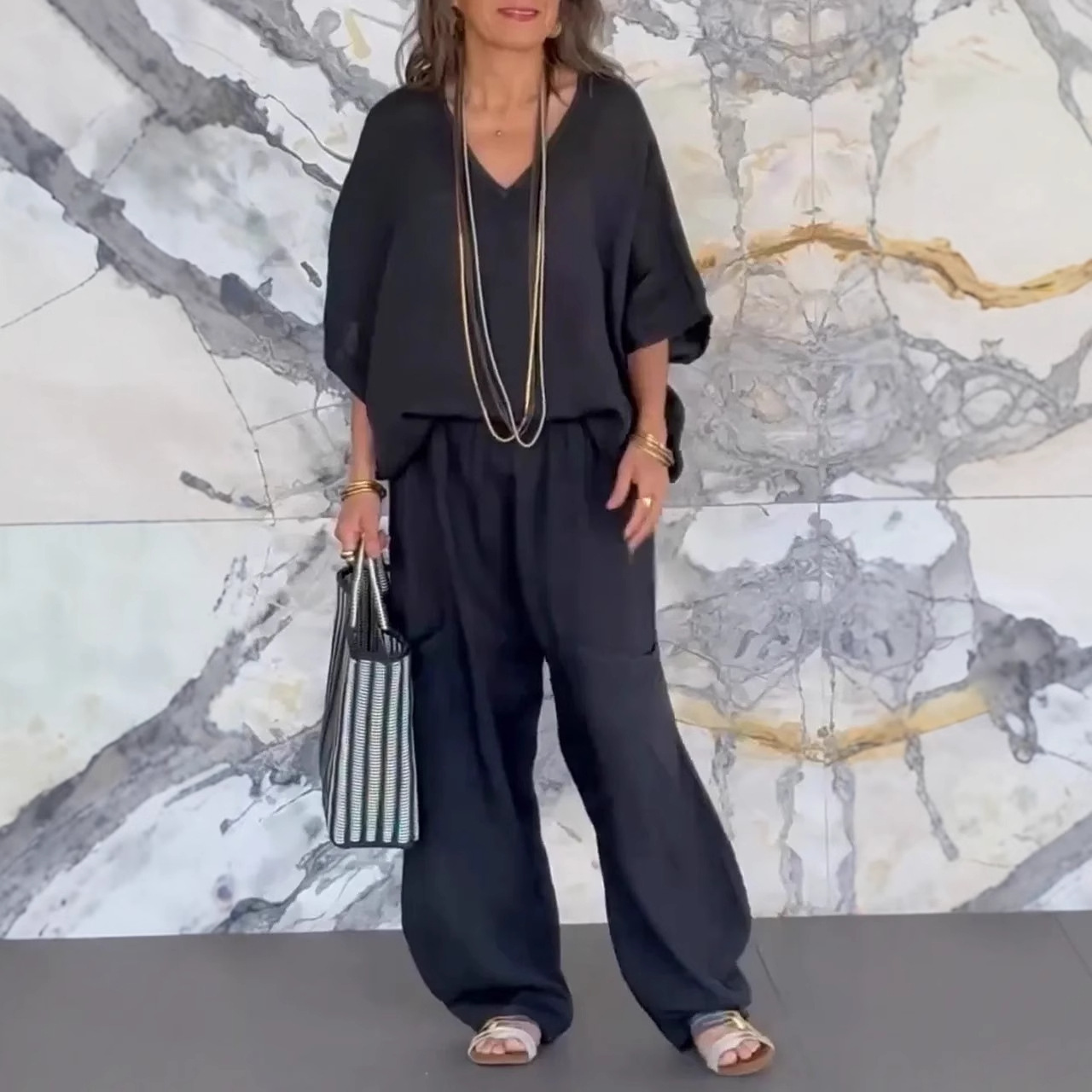 Casual V-neck Loose Pocket Two-piece Set