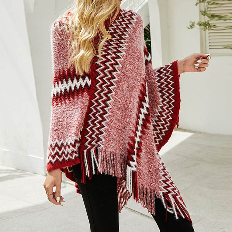 Tassel Hem Sweater Shawl Cape