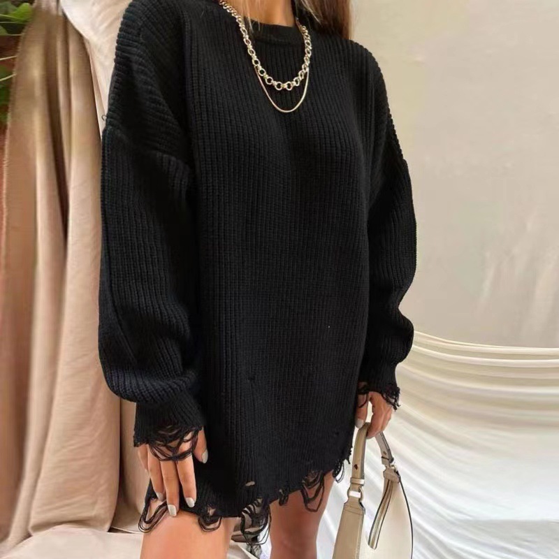 Solid Color round Neck Long Sleeve Burrs Loose Knitted Sweater