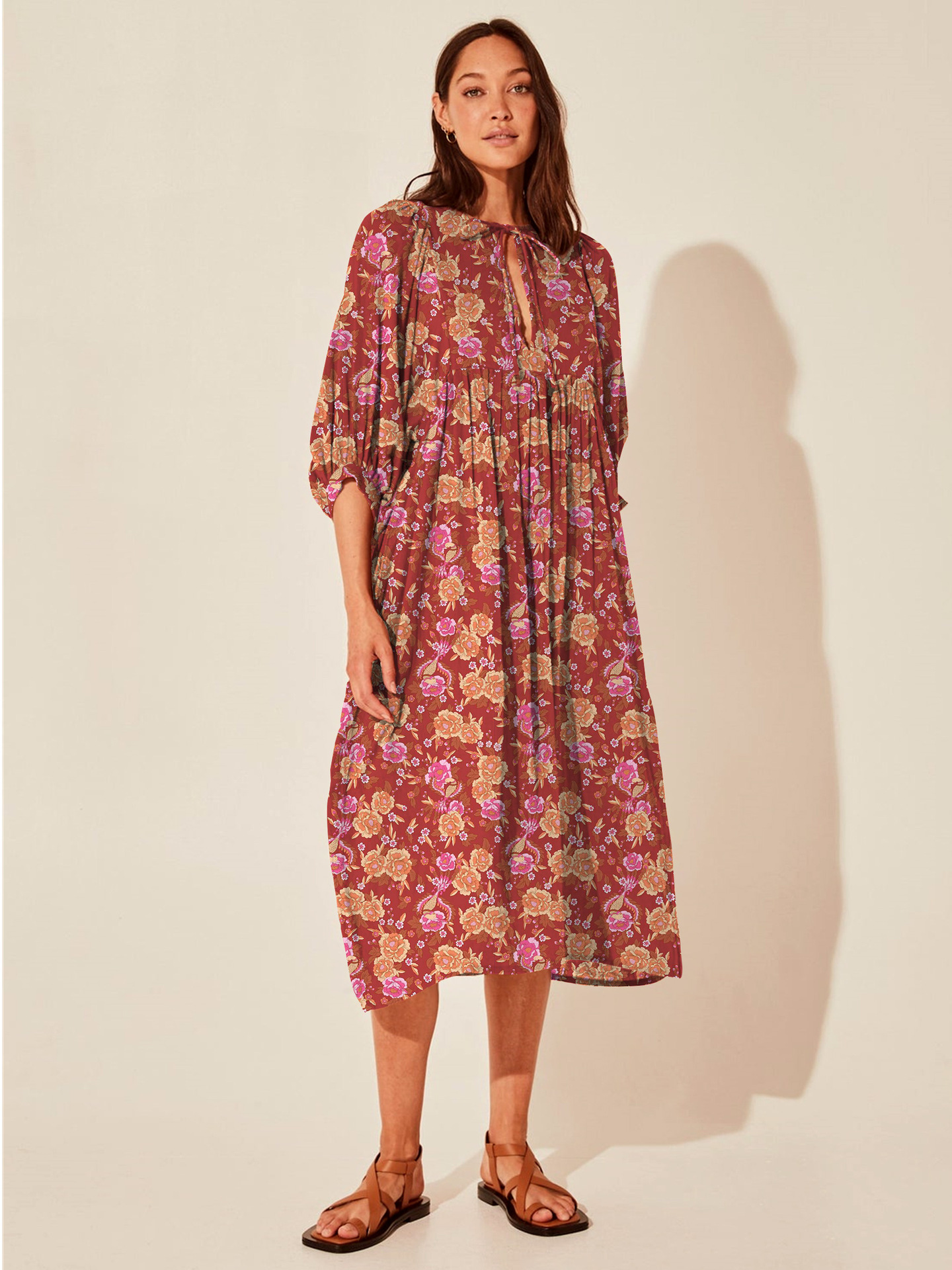 Fashion Lantern Sleeve V-neck Lace-up Floral Dress