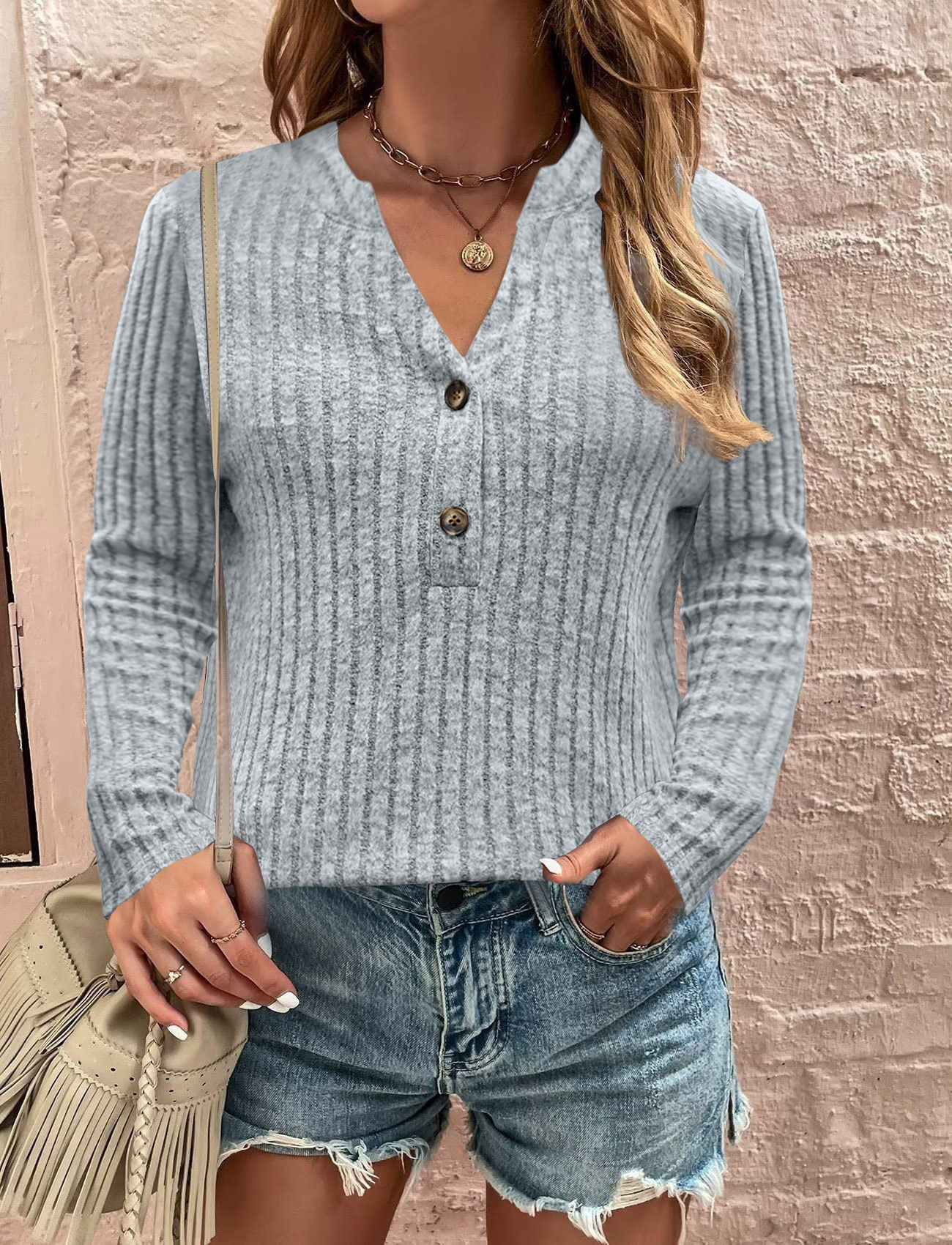 Sunken Stripe Brushed Casual Button Long-Sleeved Top