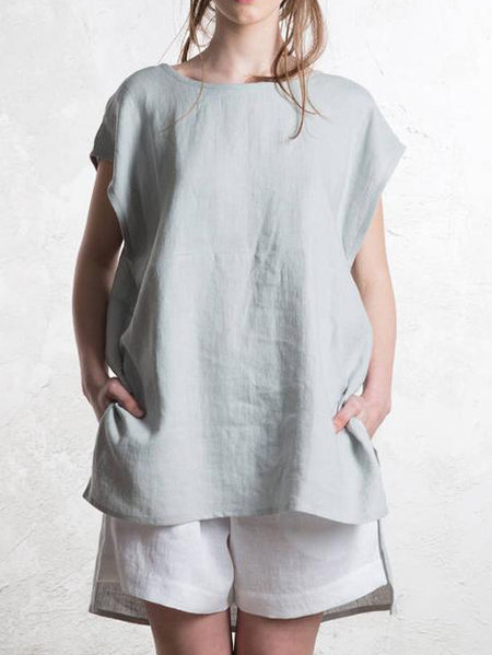 Cotton and Linen Top Front Short Back Length Batwing Short Sleeve T-shirt