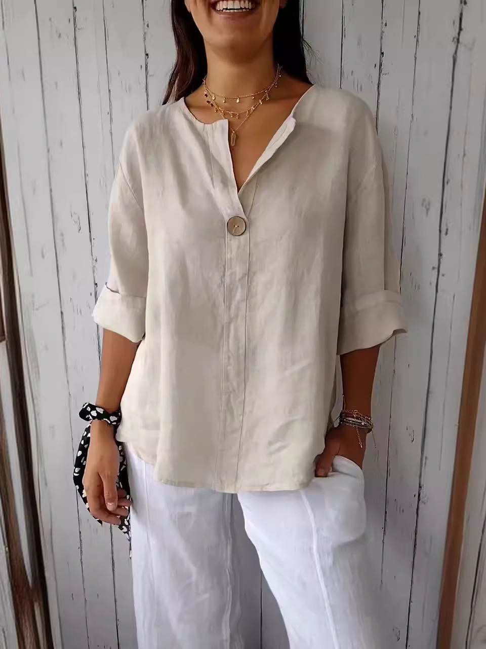 Loose V-neck Cotton and Linen Button Top