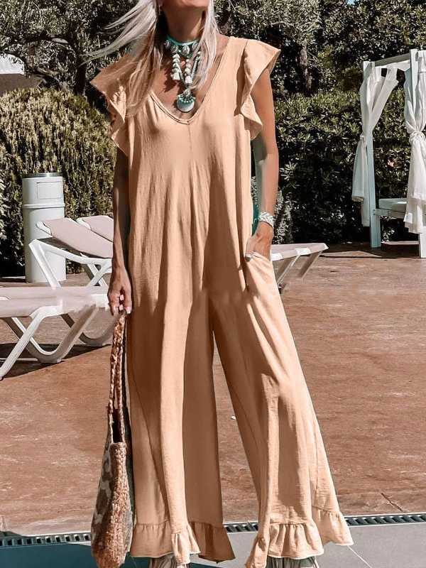 Comfortable V-neck Flounced Leisure Jumpsuit