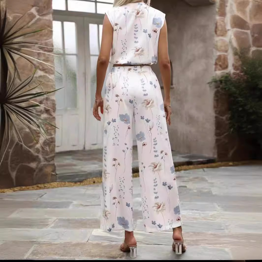 Sleeveless V-neck Vest Pants Fashion Printed Two-Piece Suit