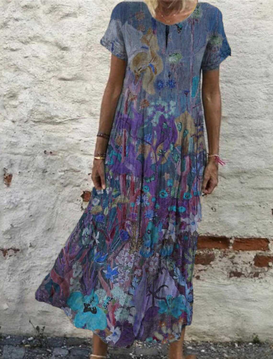 Printed Short Sleeve round Neck Long Dress