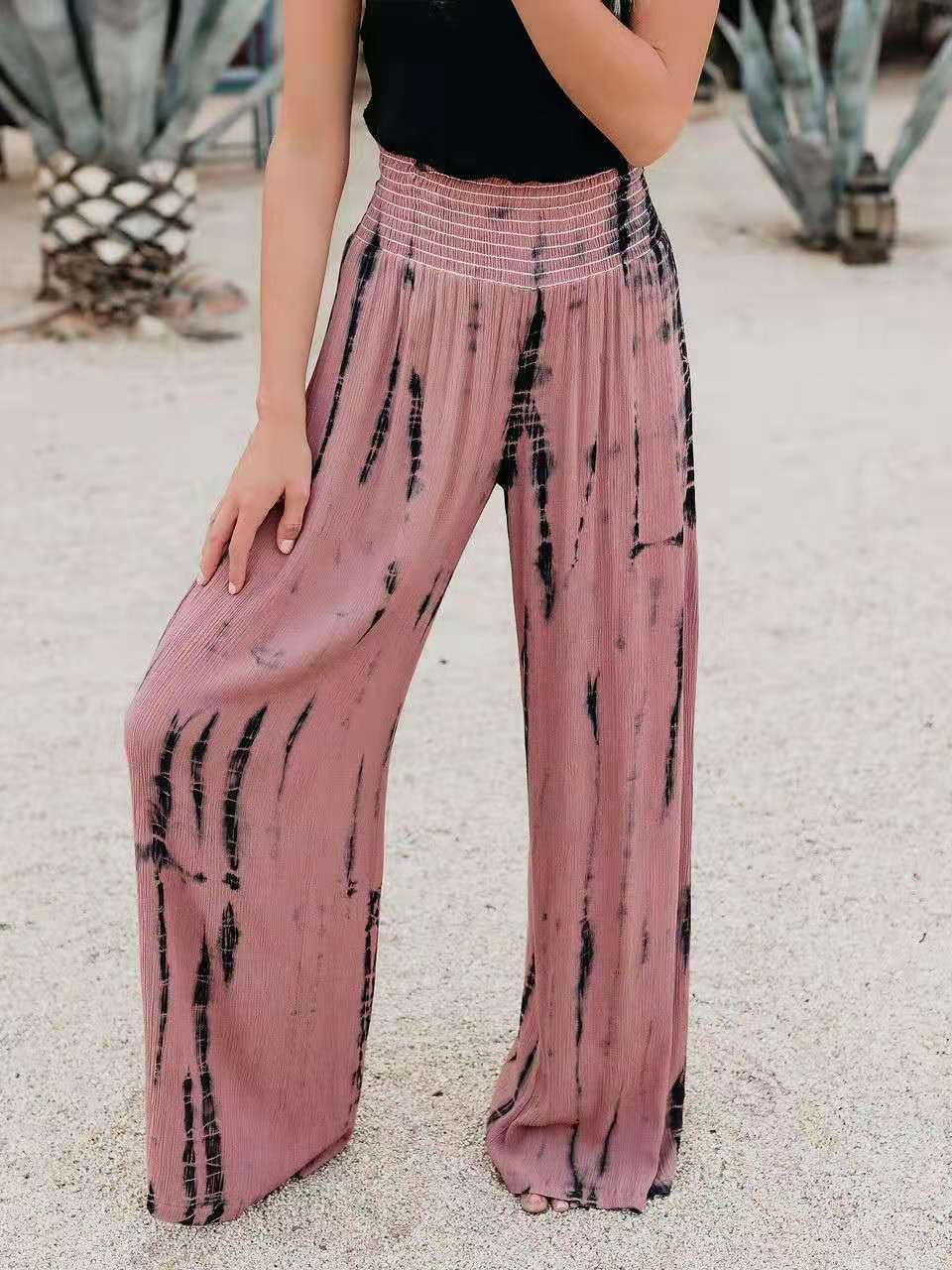 Fashion Elastic High Waist Pocket Wide Leg Pants Casual Pants