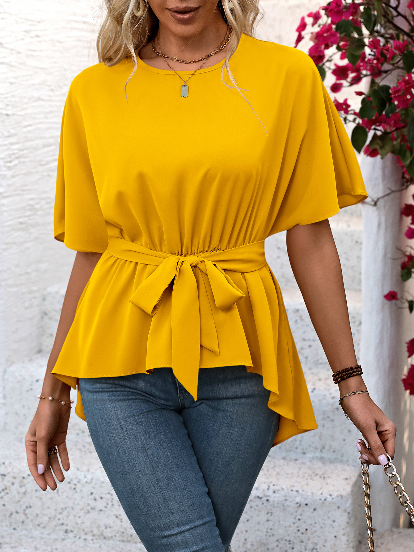 Lace-up round Neck Pullover Shirt Top