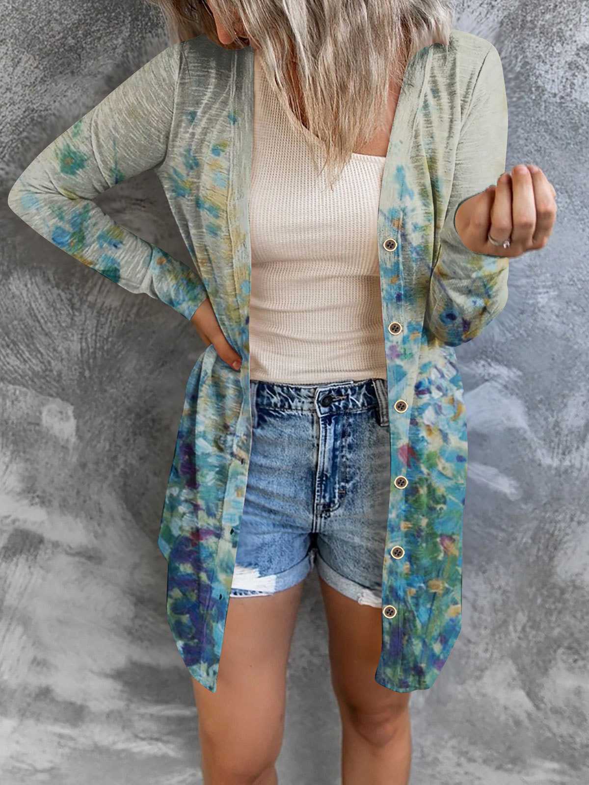Printed Stitching Mid-Length Cardigan