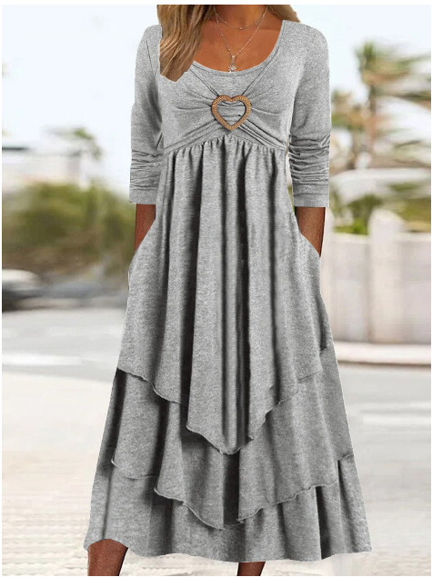 Solid Color Waist Tight Love Decorative Layer Cake Hem Casual Dress