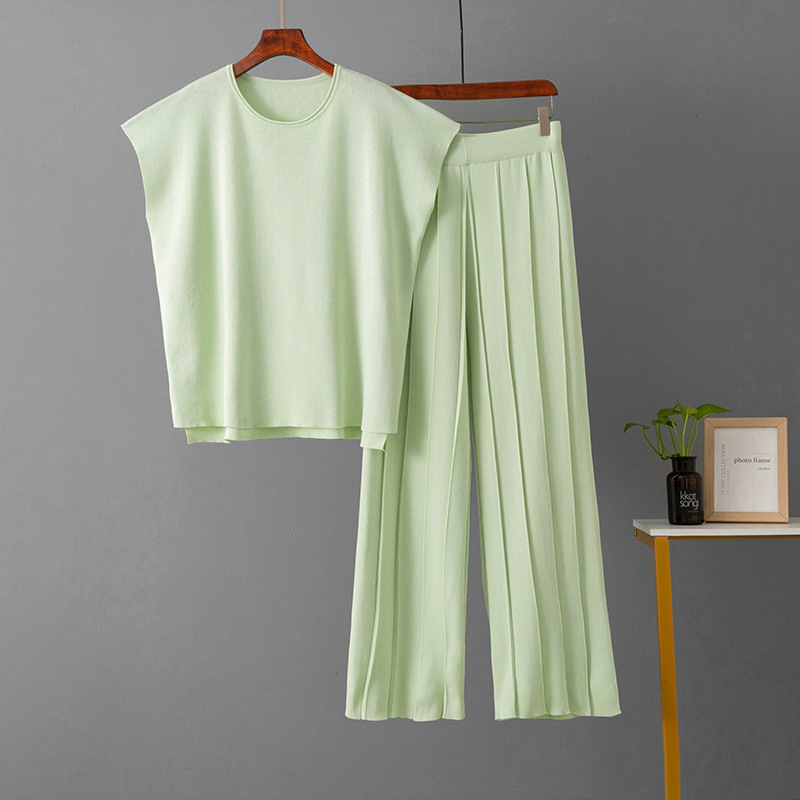 Solid Color Sleeveless Vest Knitted Sweater Wide-leg Pants Large Size Set