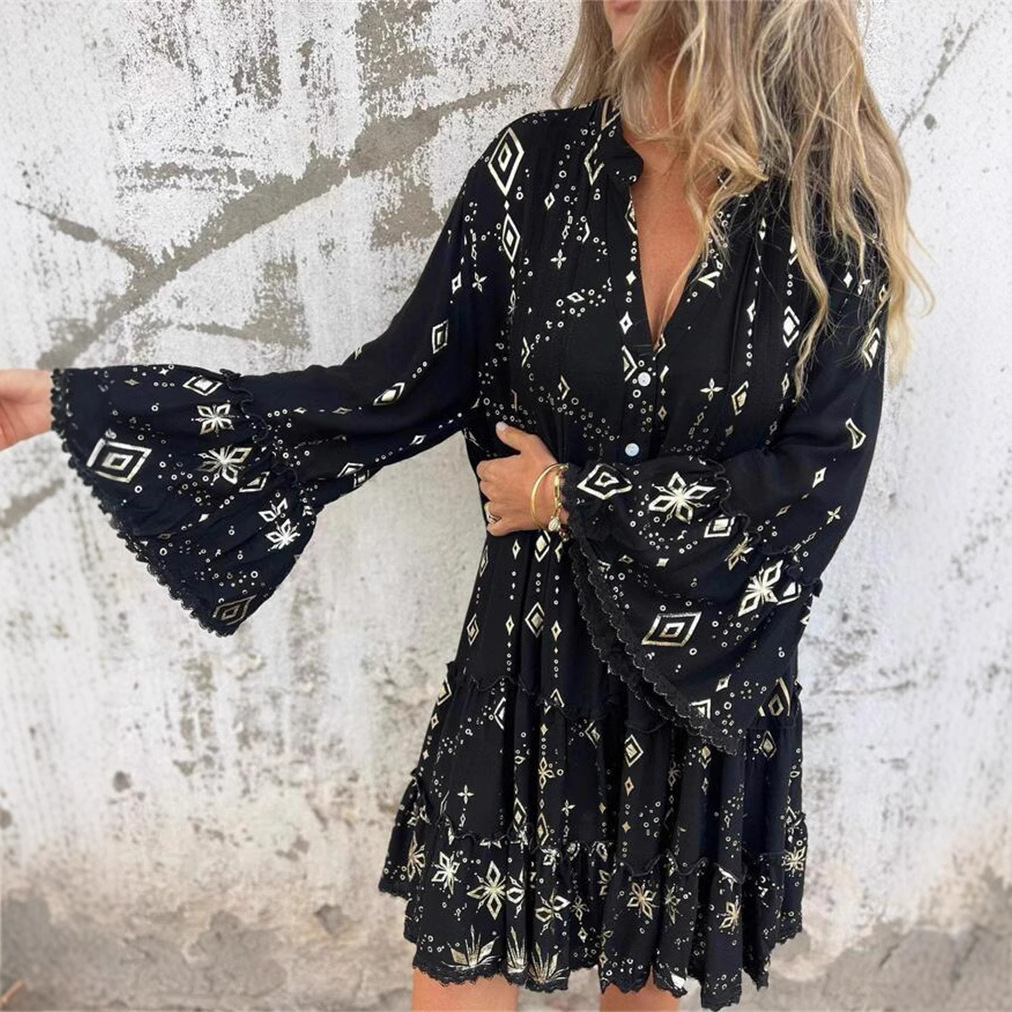 Solid Color Fashion Horn Lace Sleeve Hollow Large Size Dress