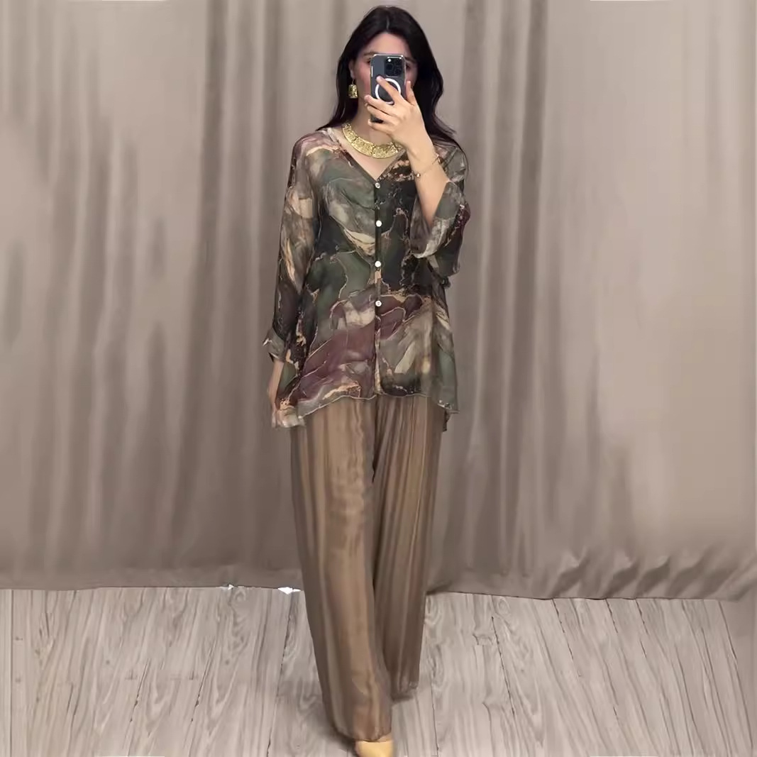 Printed Shirt Top Wide Leg Pants Two-Piece Set
