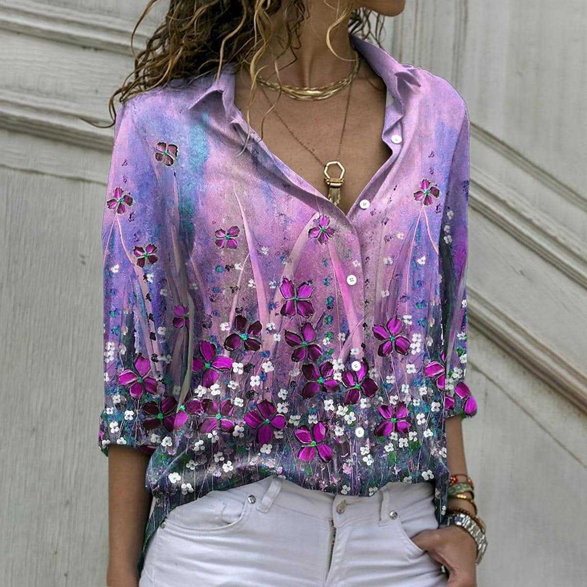 Flower Print Long Sleeve Lapel Shirt