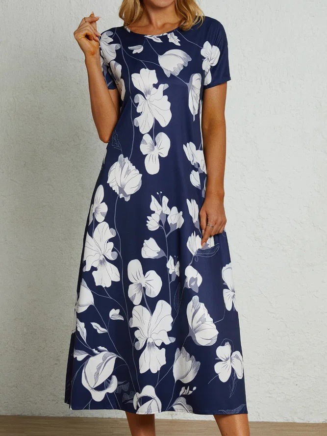 Loose A- line Short Sleeve Printed Dress
