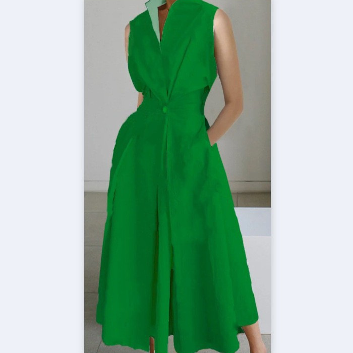 Fashion Solid Color and V-neck Button Swing Dress
