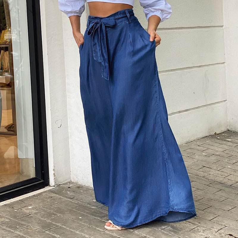 Elegant Tied High Waist Skirt Casual plus Size Denim Long Skirts