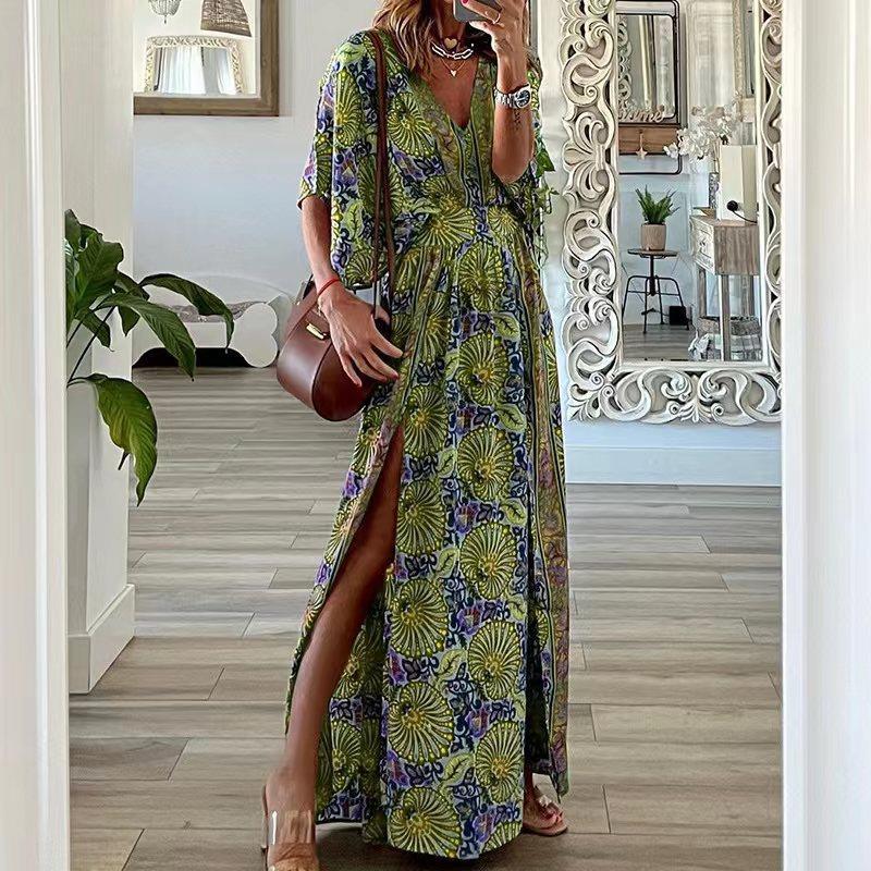 Fashion V-neck Short Sleeve Loose Bohemian Print Dress