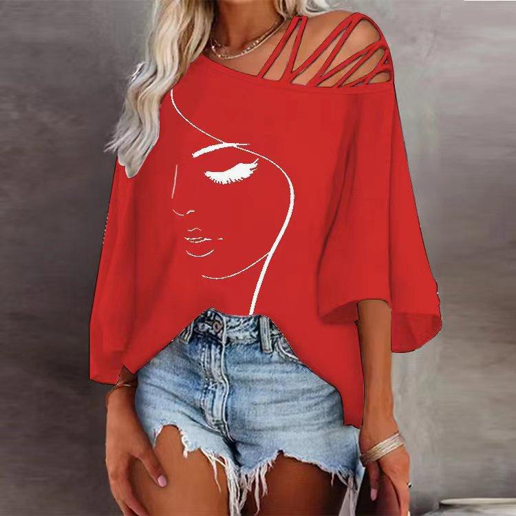 Fashion Stitching Loose Diagonal Collar Casual Top Printed T-shirt
