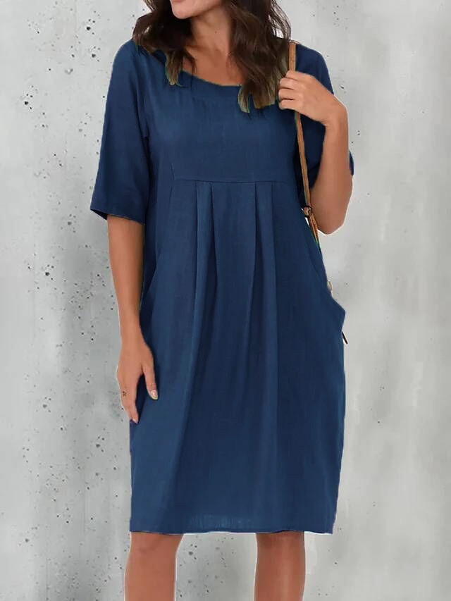 Pleated Pocket Casual Loose round Neck Short Sleeve Dress