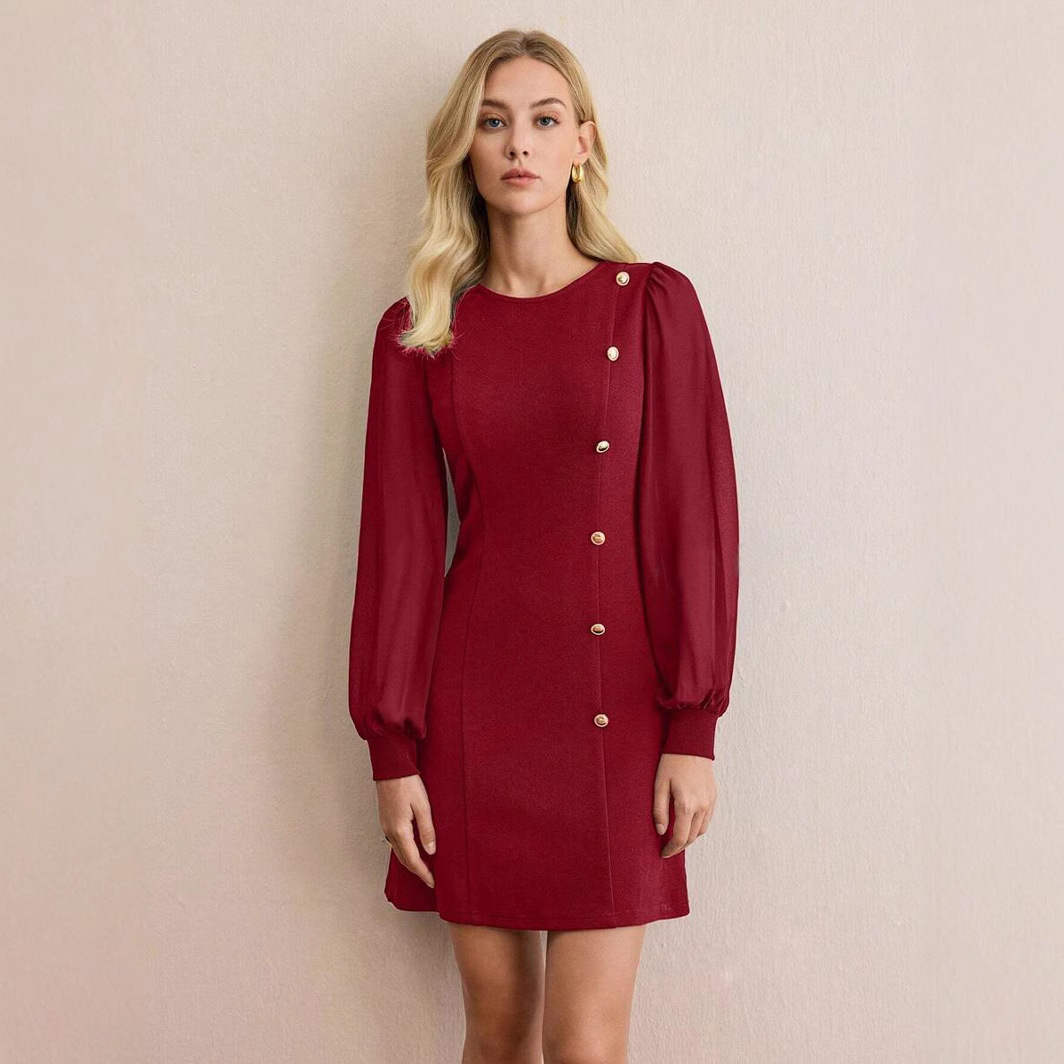 Crew Neck Nail Buckle Slim Fit Long Sleeve Solid Color Dress
