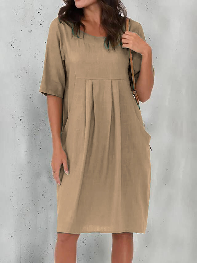 Pleated Pocket Casual Loose round Neck Short Sleeve Dress