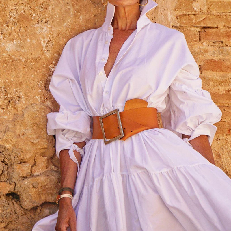 Fashion Temperament Lapel Long Sleeve Casual  Dress(Without Belt)