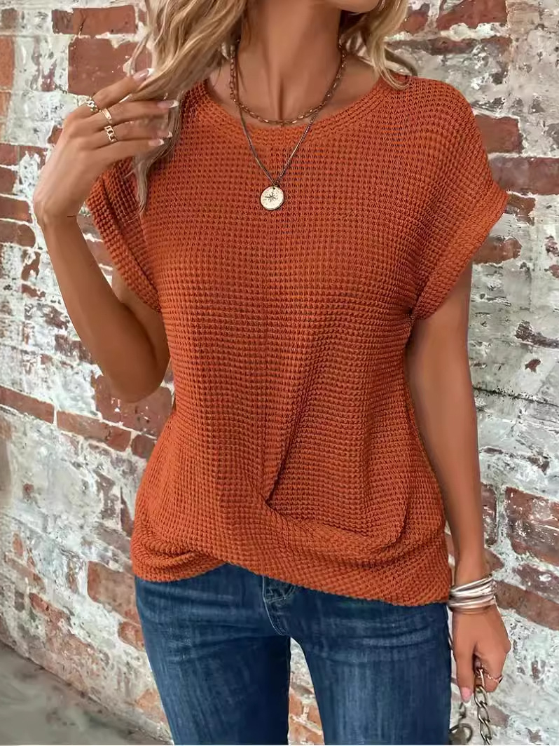 Solid Color round Neck T-shirt Elegant Top