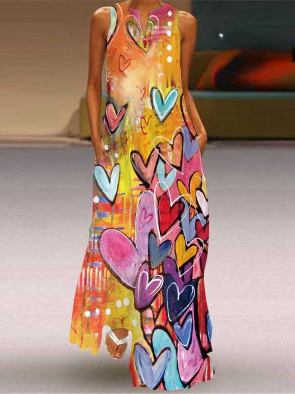 Sleeveless V-neck Vintage Printed Dress