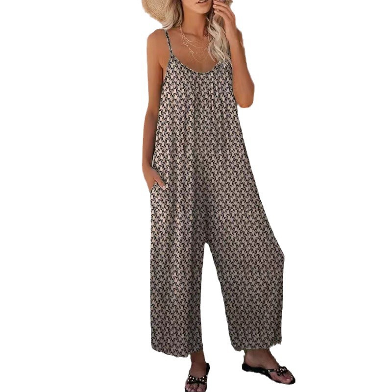Printed Casual Sleeveless Loose Wide-Leg Jumpsuit