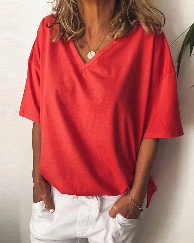 Solid Color V-neck Casual Simple T-shirt