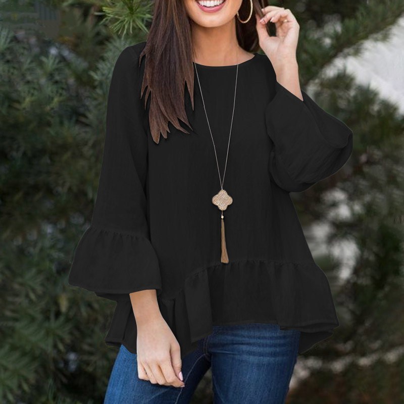 Round Neck Solid Color Three-Quarter Length Sleeve Pure Color Ruffles Cotton and Linen Top Shirt