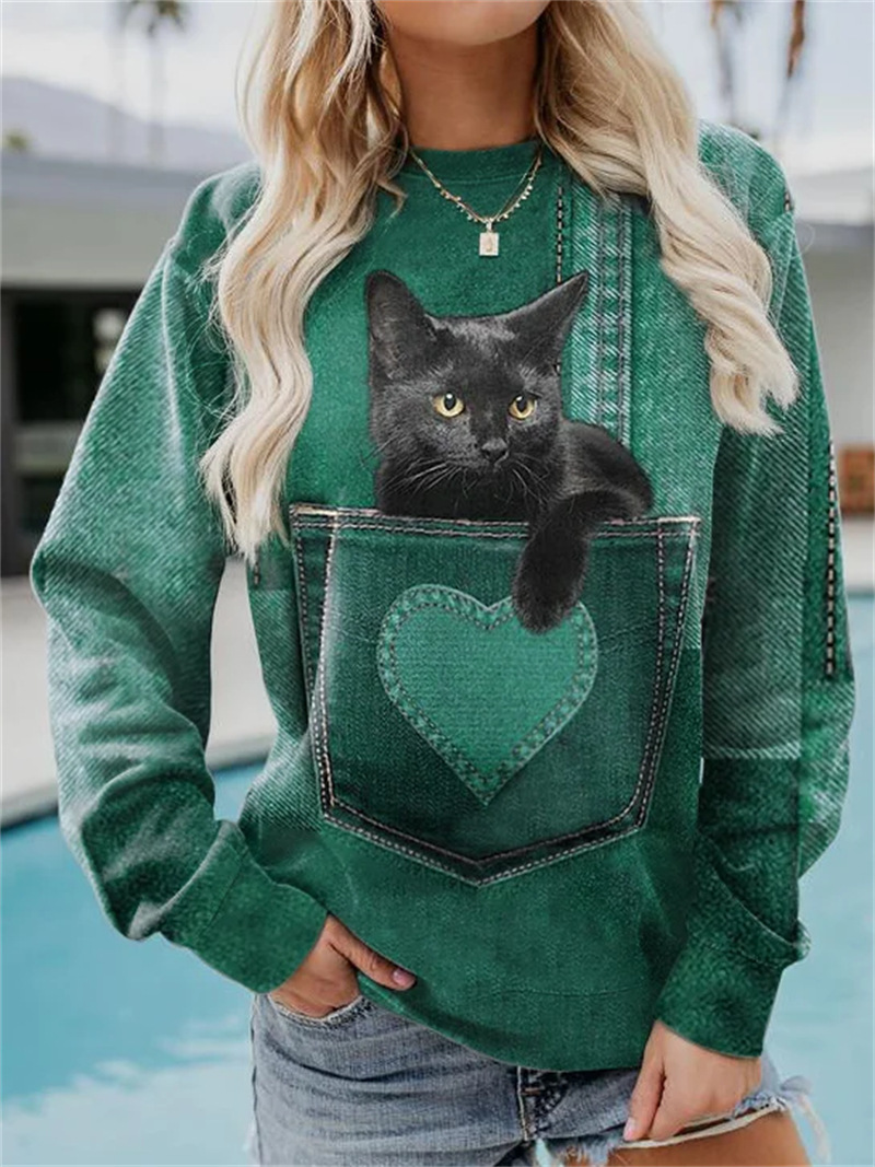 Animal Loose Imitation Denim Print Long Sleeve Crew Neck Sweater