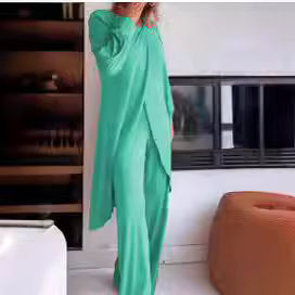 Fashion Casual Cross plus Size Irregular Long Sleeve Suit Wide Leg Pants Two-Piece Set