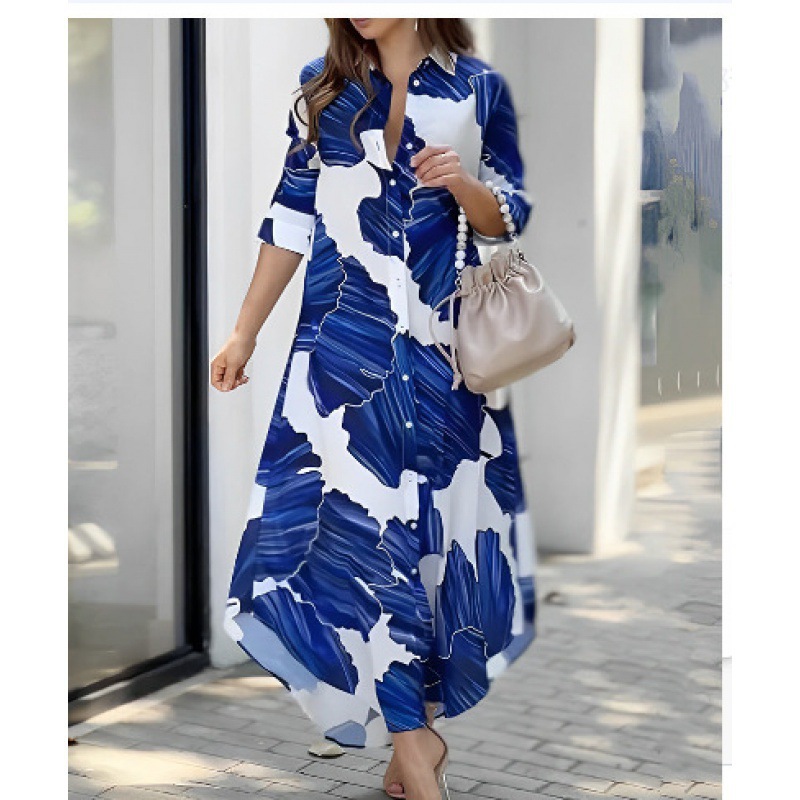 Fashion Blue Printing Loose Casual Shirt Dress