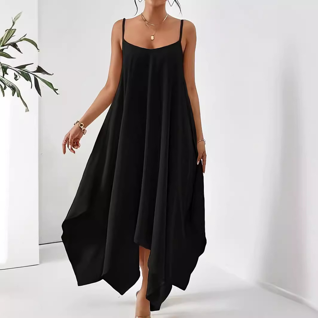 Fashion Solid Color Sling Irregular Sleeveless Loose Dress