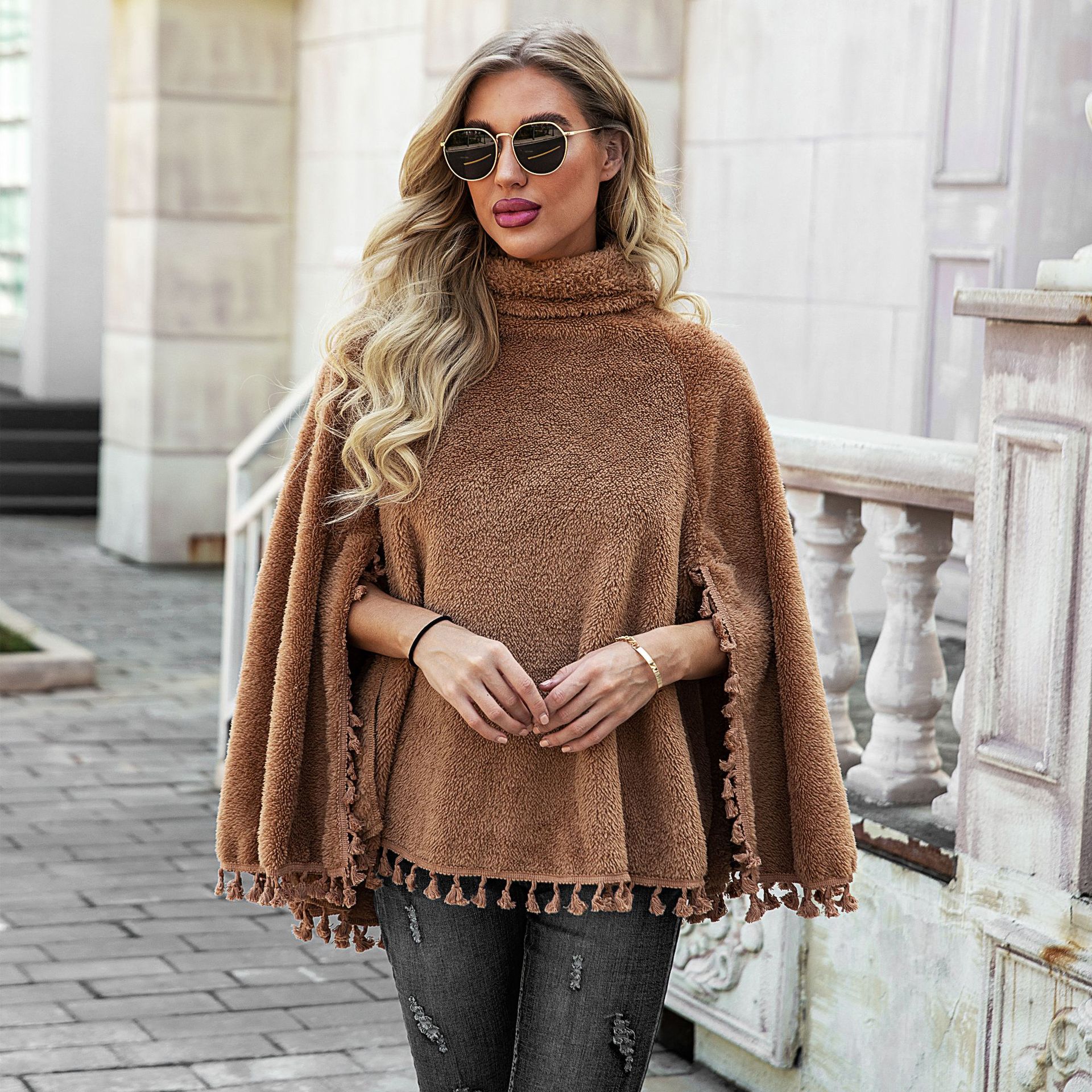 Solid Color Slim-Fit Fashion High Collar Tassel Hem Cape Long-Sleeved Coat