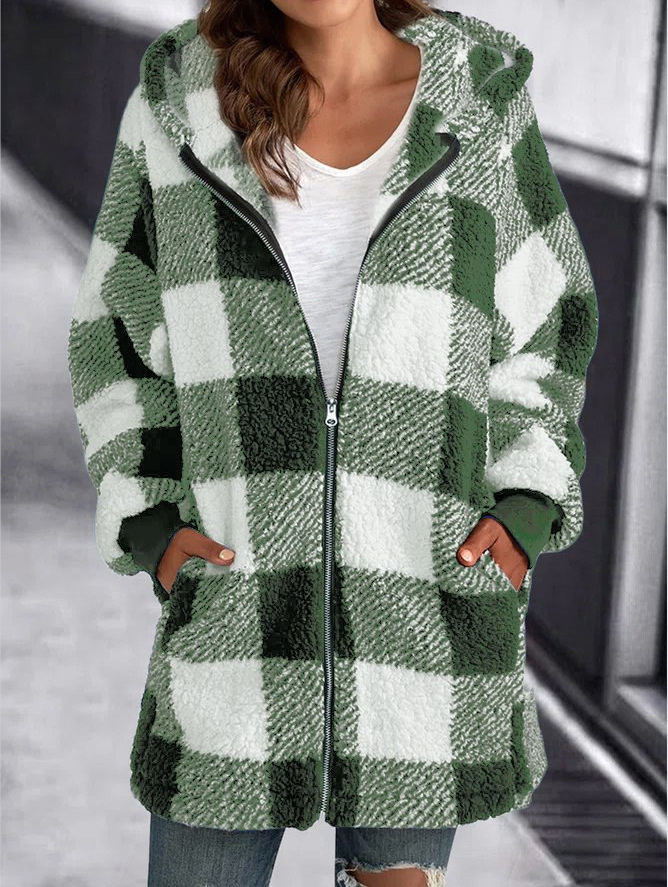 Long Sleeve Plaid Hooded Zipper with Pockets Baggy Coat